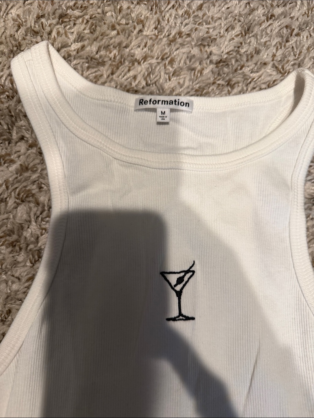 Reformation Cream Ribbed Racerback Tank with Martini Embroidery - Picture 2 of 3